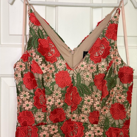 Xscape (Macy’s) Blush Dress with Red and Green Floral Crochet Embroidery - Picture 3 of 9